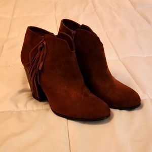 Brown faux suede fringed booties